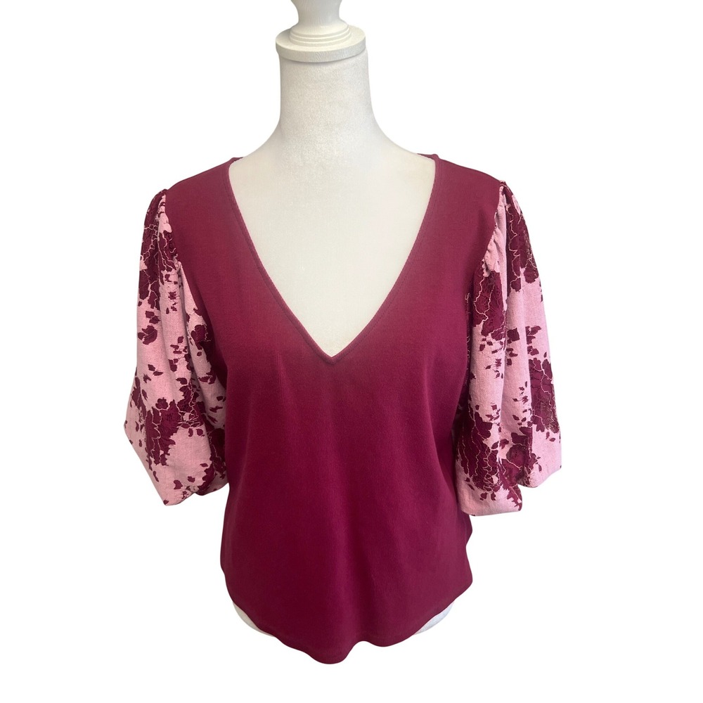 Anthro Dolan Left Coast Collection Women V-Neck Puff Lace Sleeve Top Sz XL Boho